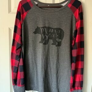 Mama Bear Top - Gray Body with Red Buffalo Plaid Sleeves